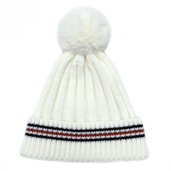Judson Accessories - Preppy Ivory Stripe Details Knit Beanie With Faux Fur Pom Pom